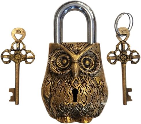 Brass Owl Padlock with Two Keys, Animal Bird Functional Antique Lock Indian handicrafts Brass Temple Lock in Kuwait