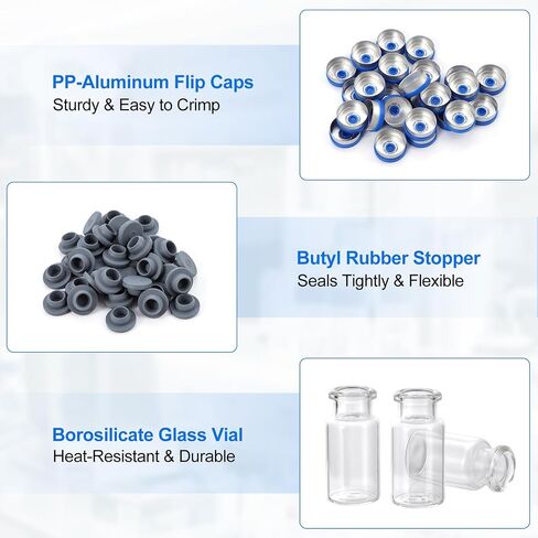 10mL Borosilicate Sample Vials, 200pcs with Rubber Stoppers & Aluminum Crimp Caps, Heat Resistant Sample Storage Bottles for Laboratory and Research Use in Kuwait