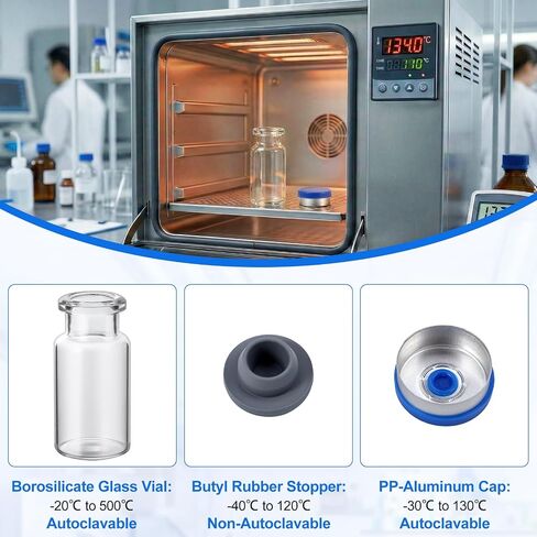 10mL Borosilicate Sample Vials, 200pcs with Rubber Stoppers & Aluminum Crimp Caps, Heat Resistant Sample Storage Bottles for Laboratory and Research Use in Kuwait