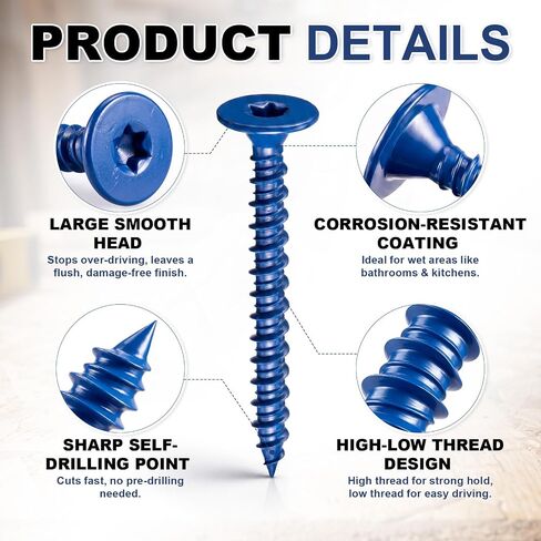 Blulu 1000 Pack Fasteners for Wood Studs, 1-5/8 Inch Backer Board Screws, Blue Ceramic Coated Thread Wood Screws for Cement, Tile Board, Shower & Bathroom Remodel, Reduced Splitting in Kuwait