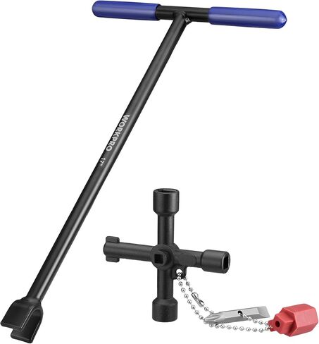 WORKPRO 28" Water Meter Key with 4 Way Utility Key, Heavy Duty Steel Water Shut Off Curb Key with Non-Slip T-Handle, Extended Reach Valve Tool for Outdoor Underground Water Valves in Kuwait
