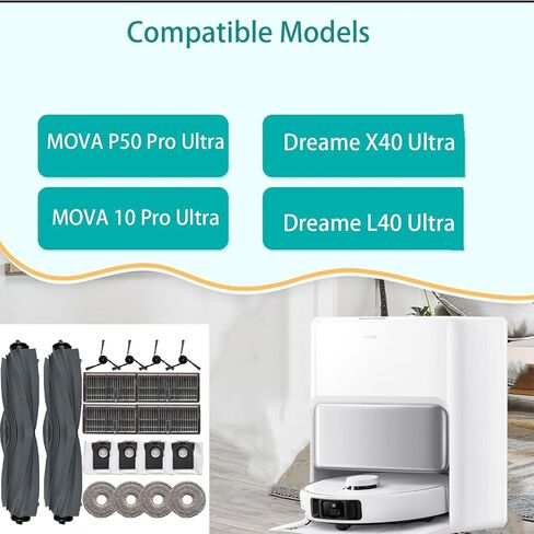 طقم ملحقات بديلة للمكنسة الكهربائية MOVA P50 Pro Ultra/MOVA P10 | 18 حزمة أجزاء لـ Dreame L40 Ultra / X40 Ultra / D30 Ultra 2 فرش رئيسية 4 مرشح 4 كيس غبار 4 فرش جانبية 4 منصات ممسحة in Kuwait