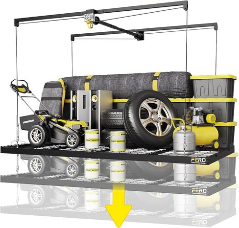 FERO Overhead Garage Storage Rack, 500 lb Capacity, 4x8 FT Garage Ceiling Storage Rack with Safety Lock, Heavy-Duty Ceiling Mounted Lift System, Drop-Down Garage Ceiling Organizer in Kuwait