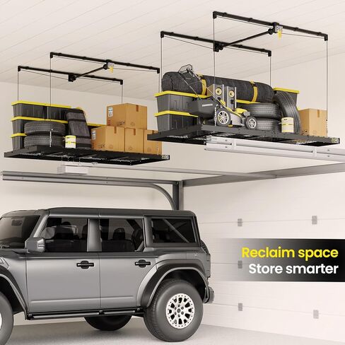 FERO Overhead Garage Storage Rack, 500 lb Capacity, 4x8 FT Garage Ceiling Storage Rack with Safety Lock, Heavy-Duty Ceiling Mounted Lift System, Drop-Down Garage Ceiling Organizer in Kuwait