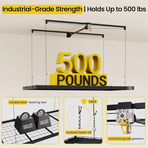 FERO Overhead Garage Storage Rack, 500 lb Capacity, 4x8 FT Garage Ceiling Storage Rack with Safety Lock, Heavy-Duty Ceiling Mounted Lift System, Drop-Down Garage Ceiling Organizer in Kuwait
