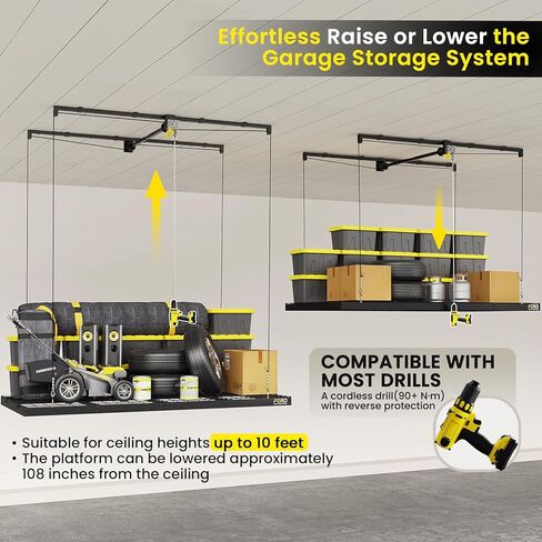 FERO Overhead Garage Storage Rack, 500 lb Capacity, 4x8 FT Garage Ceiling Storage Rack with Safety Lock, Heavy-Duty Ceiling Mounted Lift System, Drop-Down Garage Ceiling Organizer in Kuwait