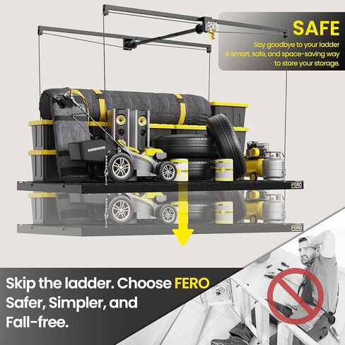 FERO Overhead Garage Storage Rack, 500 lb Capacity, 4x8 FT Garage Ceiling Storage Rack with Safety Lock, Heavy-Duty Ceiling Mounted Lift System, Drop-Down Garage Ceiling Organizer in Kuwait