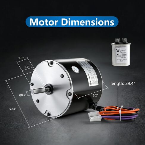 68J24 Condenser Fan Motor, 1/3 HP 1075 RPM Condenser Fan Motor Replaces for Lennox 68J2401, 97M62, 69W96, 100483-29, 100483-01, K55HXGCE-8094, 208-230V 2.1A 60HZ, with 7.5μF Capacitor, 5-Year Warranty in Kuwait