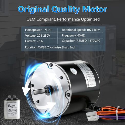 68J24 Condenser Fan Motor, 1/3 HP 1075 RPM Condenser Fan Motor Replaces for Lennox 68J2401, 97M62, 69W96, 100483-29, 100483-01, K55HXGCE-8094, 208-230V 2.1A 60HZ, with 7.5μF Capacitor, 5-Year Warranty in Kuwait