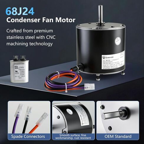 68J24 Condenser Fan Motor, 1/3 HP 1075 RPM Condenser Fan Motor Replaces for Lennox 68J2401, 97M62, 69W96, 100483-29, 100483-01, K55HXGCE-8094, 208-230V 2.1A 60HZ, with 7.5μF Capacitor, 5-Year Warranty in Kuwait