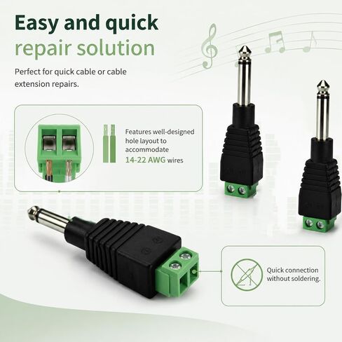 Skrfren 1/4 بوصة Jack TS Male Mono 6.3mm قابس الهاتف السائبة لكابلات مكبر الصوت كابلات الجيتار كابل الميكروفون (خالي من اللحام، أخضر 4 قطع) in Kuwait