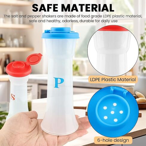 Plastic Salt and Pepper Shakers,with Black Cleaning Brush Large Clear Hourglass Shakers 6 Holes Design for Kitchen Camping Travel and Outdoor(,COLOR:Blue+Red) in Kuwait