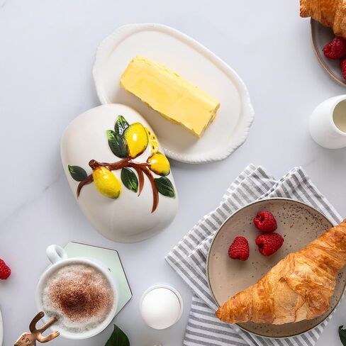 طبق زبدة الليمون مع غطاء حامل زبدة مزخرف لطيف للمطبخ | صينية زبدة الليمون للتقديم والطهي، تخزين حاوية زبدة السيراميك، هدايا عيد الأم بمناسبة الانتقال لمنزل جديد in Kuwait
