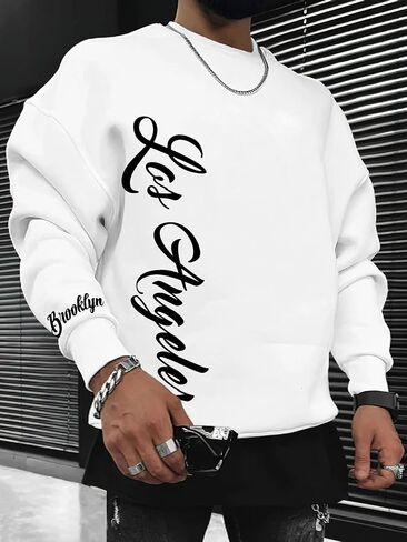 Men's Casual Loose Short Sleeves, Urban Los Angeles English Printing, Summer Daily Versatile Models. (6509BMTSK0544) (White,X-Large) in Kuwait
