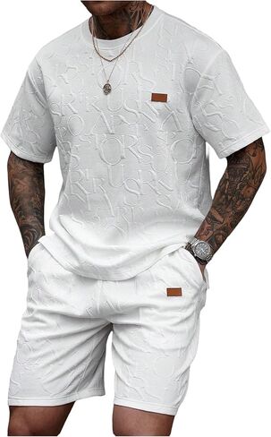 VIPWOLF Men's Casual Outfits 2 Piece Short Sets Letter Patched Crew Neck Baggy T Shirts & Shorts Tracksuits White Large in Kuwait
