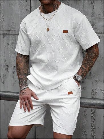 VIPWOLF Men's Casual Outfits 2 Piece Short Sets Letter Patched Crew Neck Baggy T Shirts & Shorts Tracksuits White Large in Kuwait