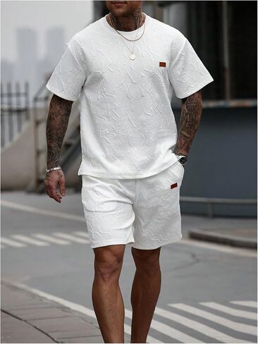 VIPWOLF Men's Casual Outfits 2 Piece Short Sets Letter Patched Crew Neck Baggy T Shirts & Shorts Tracksuits White Large in Kuwait