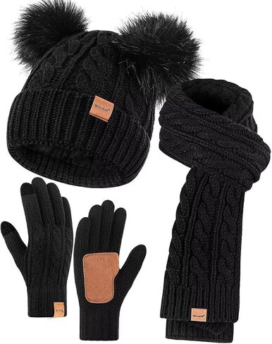 Winter Hat Scarf Glove Set for Women, Fleece Lined Beanie with Double Pom Pom, Touchscreen Gloves Knit Scarf for Cold Weather in Kuwait