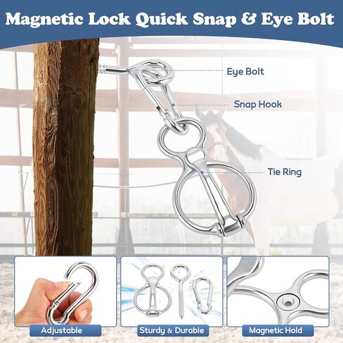 Horse Tie Ring, 4 PCS for Horses, Stainless Steel Horse Cross Ties with Magnetic Lock Quick Snap & Eye Bolt, Prevents Pull Back Tie Ring for Horses Indoor and Outdoor in Kuwait