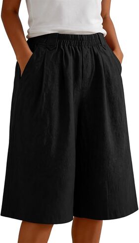 Womens Bermuda Shorts Knee Length Wide Leg Long Shorts with Pockets Summer Casual Elastic High Waist Short Pants in Kuwait
