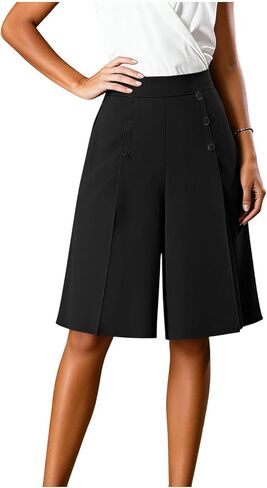 Women Dressy Work Shorts Pleated Elastic High Waisted Bermuda Shorts Wide Leg Knee Length Short Pants with Pockets in Kuwait