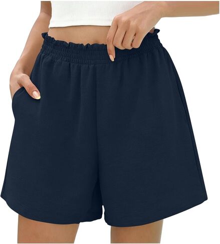 Elastic Waist Shorts for Women Summer Casual High Waisted Wide Leg Cute Dressy Beach Shorts Vacation Beach Clothes in Kuwait