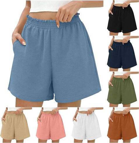 Elastic Waist Shorts for Women Summer Casual High Waisted Wide Leg Cute Dressy Beach Shorts Vacation Beach Clothes in Kuwait