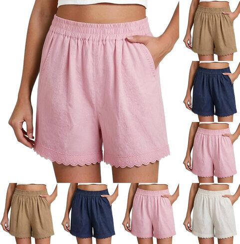 Lace Trim Cotton Linen Shorts for Women Summer Comfy Elastic High Waist Short Running Lounge Bottoms with Pockets in Kuwait