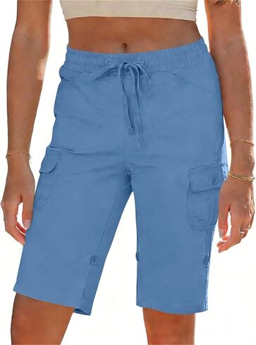 Bermuda Shorts for Women Summer Cargo Shorts with Pockets Knee Length Elasitc Waist High Rise Hiking Short Pants in Kuwait