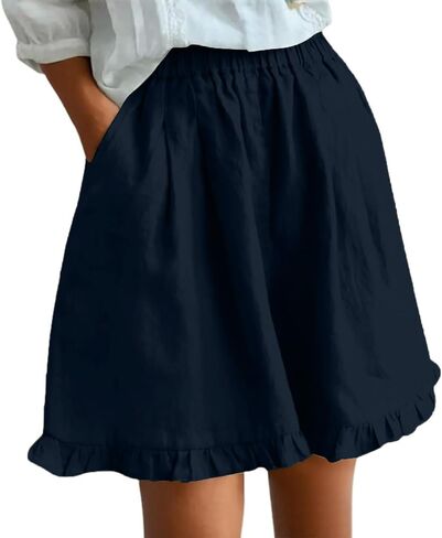 Womens Summer Linen Shorts Wide Leg High Waisted Beach Short Pants Ruffle Hem Flowy Shorts with Pockets in Kuwait