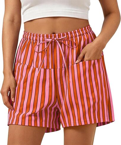 Women Striped Shorts High Waisted Drawstring Wide Leg Beach Lounge Short Pants with Front Pockets in Kuwait