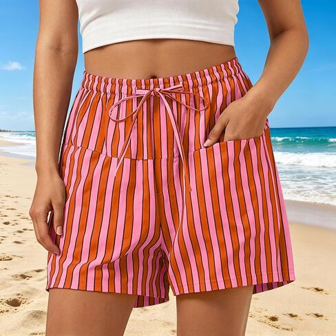Women Striped Shorts High Waisted Drawstring Wide Leg Beach Lounge Short Pants with Front Pockets in Kuwait
