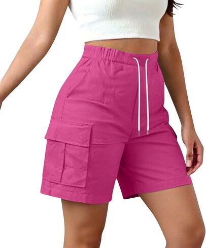 Women's Casual Elastic Waist Drawstring Bermuda Shorts Loose Fit Outdoor Multi-Pockets Cargo Shorts in Kuwait