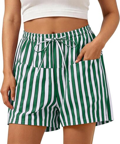Women Striped Shorts High Waisted Drawstring Wide Leg Beach Lounge Short Pants with Front Pockets in Kuwait