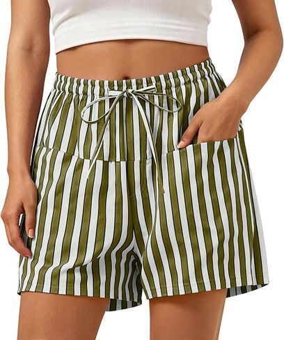 Women Striped Shorts High Waisted Drawstring Wide Leg Beach Lounge Short Pants with Front Pockets in Kuwait