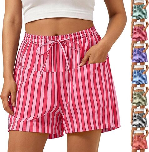 Women Striped Shorts High Waisted Drawstring Wide Leg Beach Lounge Short Pants with Front Pockets in Kuwait