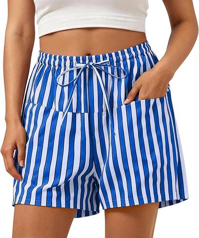 Women Striped Shorts High Waisted Drawstring Wide Leg Beach Lounge Short Pants with Front Pockets in Kuwait