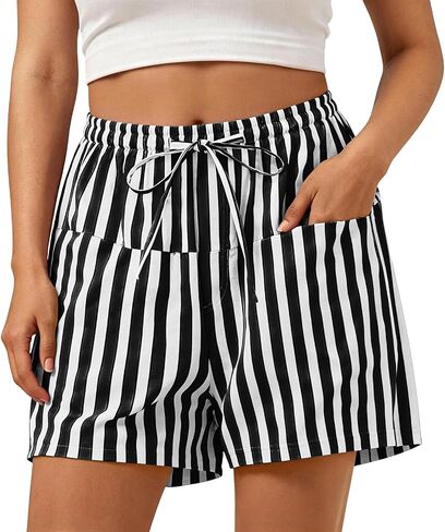 Women Striped Shorts High Waisted Drawstring Wide Leg Beach Lounge Short Pants with Front Pockets in Kuwait