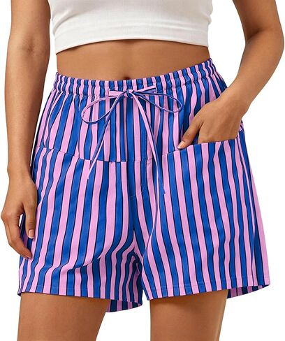 Women Striped Shorts High Waisted Drawstring Wide Leg Beach Lounge Short Pants with Front Pockets in Kuwait