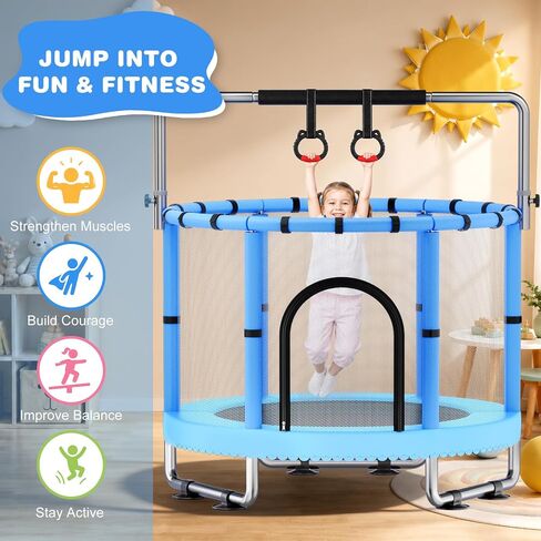 Toddler Trampoline with Net, 60" Trampoline for Kids with Adjustable Gymnastics Bar, 440lbs Capacity Indoor & Outdoor, Easy Assembly for Boys & Girls in Kuwait