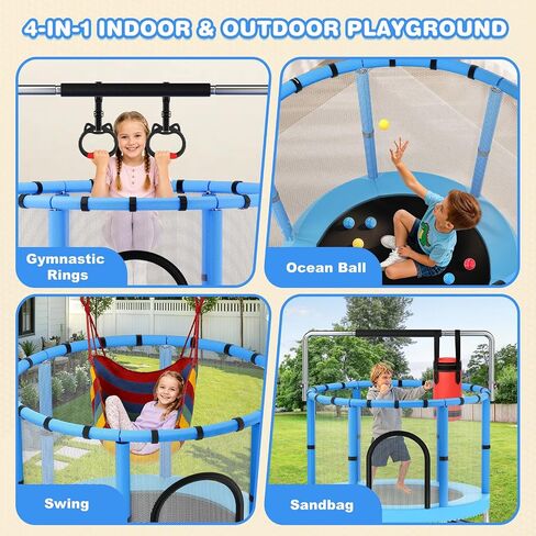 Toddler Trampoline with Net, 60" Trampoline for Kids with Adjustable Gymnastics Bar, 440lbs Capacity Indoor & Outdoor, Easy Assembly for Boys & Girls in Kuwait
