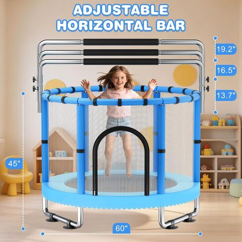 Toddler Trampoline with Net, 60" Trampoline for Kids with Adjustable Gymnastics Bar, 440lbs Capacity Indoor & Outdoor, Easy Assembly for Boys & Girls in Kuwait