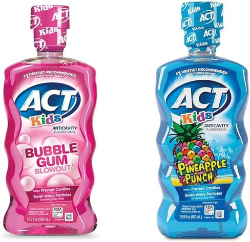 ACT Kids مضاد للتجويف بالفلورايد، شطف العلكة الفقاعية، 16.9 أونصة سائلة. أوقية. والأناناس لكمة 16.9 فلوريدا. أوقية. مع أكواب الجرعات الدقيقة in Kuwait
