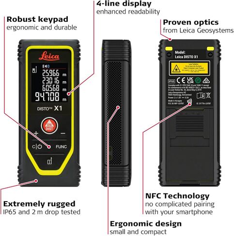 Leica Disto X1 - Range 330 ft, Bluetooth 4.2 and NFC Data Transfer, add and Subtract, Volume, 4-line Display, IP 65 dust and waterjet Protection and 6 ft Drop Tested, Hand Loop, Pouch. | 100 M Range, ±1.5 Mm Accuracy, Drop-Tested 2 M, Pouch, Hand Loop, 2× in Kuwait