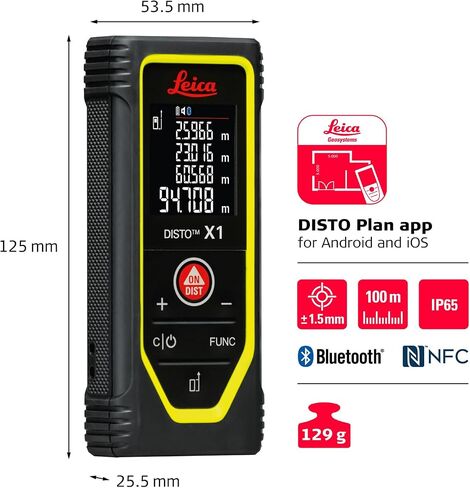 Leica Disto X1 - Range 330 ft, Bluetooth 4.2 and NFC Data Transfer, add and Subtract, Volume, 4-line Display, IP 65 dust and waterjet Protection and 6 ft Drop Tested, Hand Loop, Pouch. | 100 M Range, ±1.5 Mm Accuracy, Drop-Tested 2 M, Pouch, Hand Loop, 2× in Kuwait