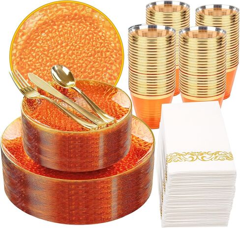 Rubtlamp 350 Pcs Clear Gold Plastic Plates, Hammered Disposable Dinnerware, Clear-Gold Plates Set Include 100 Plastic Platos, 150 Gold Disposable Silverware, 50 Cups And 50 Napkins for Party in Kuwait