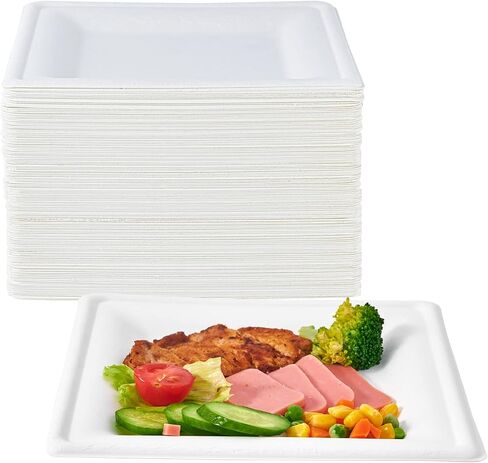 ECOLipak 150 Piecs Compostable Square Plates, 6 inch Eco-friendly Heavy Duty Biodegradable Sugarcane Disposable Paper Plates for Party Dinner Birthday in Kuwait