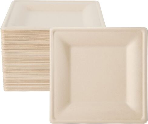 ECOLipak 150 Piecs Compostable Square Plates, 6 inch Eco-friendly Heavy Duty Biodegradable Sugarcane Disposable Paper Plates for Party Dinner Birthday in Kuwait