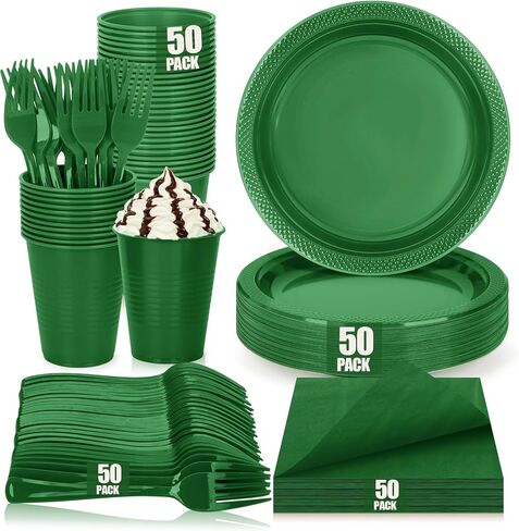 200pcs Black Plastic Party Plates Set, Disposable Black Plates and Napkins for Party, 50 Of Each 9" Dinner Plate, Napkins, Cups & Cutlery Plastic Dinnerware for Retirement, Graduation, Birthday, BBQ in Kuwait