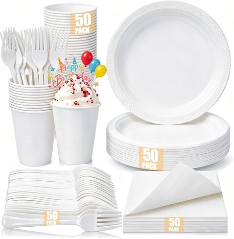 200pcs Black Plastic Party Plates Set, Disposable Black Plates and Napkins for Party, 50 Of Each 9" Dinner Plate, Napkins, Cups & Cutlery Plastic Dinnerware for Retirement, Graduation, Birthday, BBQ in Kuwait